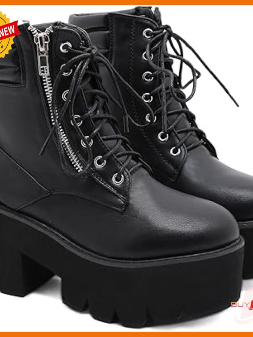Platform Ankle Boots Round Toe Chunky Combat Boots Lace Up Zipper